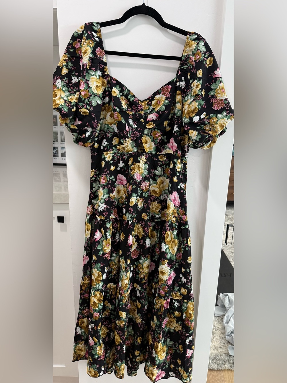 Black Floral Puff-Sleeve Midi Dress with Yellow & Pink Blooms